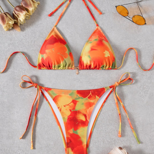 Damen Triangel-Bikini mit floralem Design und verstellbaren Bindebändern EB