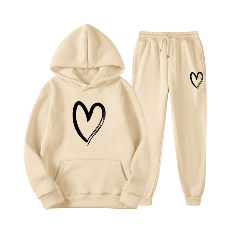 Damen Sweatsuit mit Kängurutasche und herzförmigem Print EB