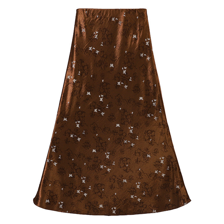 Damen  A-Linien Midirock aus Jacquard-Satin mit floralen und Schmetterlingsreliefs EB