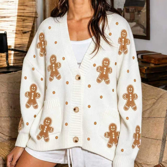 Damen nan oversized Strickcardigan mit Lebkuchenstickerei und tiefem V-Ausschnitt EB