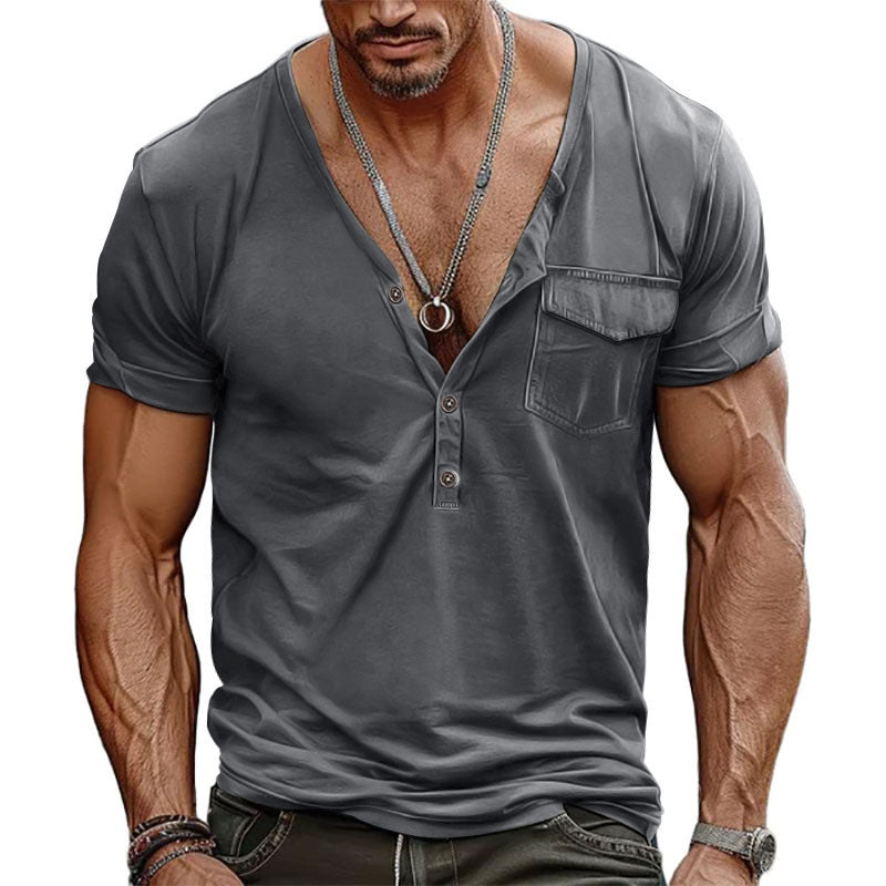Herren Kurzarm-Henley-T-Shirt mit dekorativer Brusttasche und modernem Schnitt EB