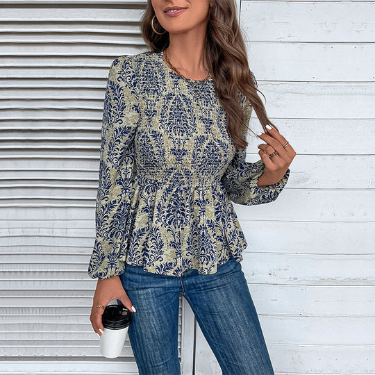 Damen Oberteil mit floralem Design und gerafftem Saum EB
