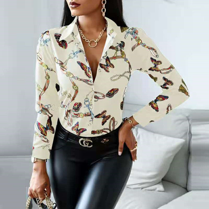 Damen Künstlerischer Druck Knopf-Up Bluse EB