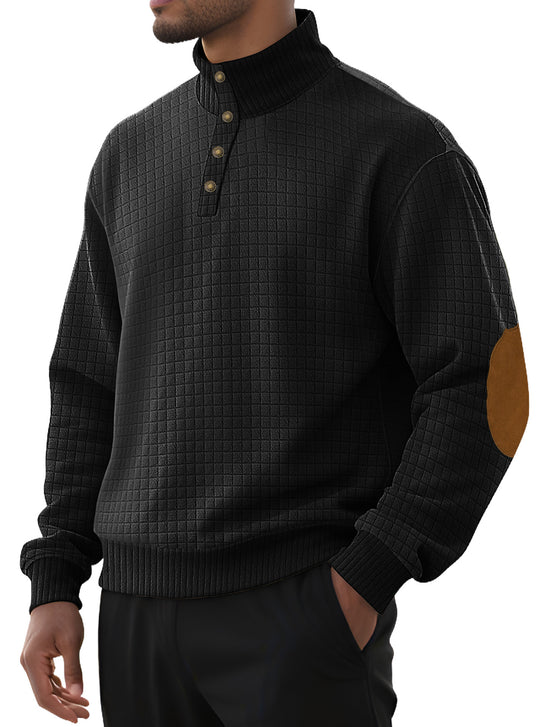 Herren nan kariertes Stepp-Sweatshirt mit Henley-Blende hohem Stehkragen und Velours-Ellenbogenpatch EB