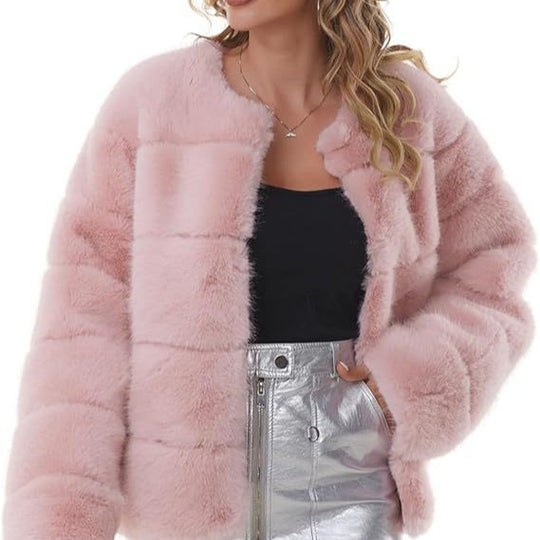 Damen Kuschelige Kunstpelzjacke mit modischem Puffärmel-Design EB