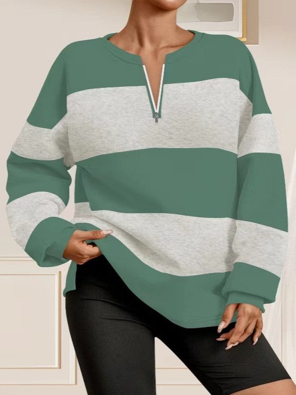 Damen Langarm Sweatshirt mit modernem Reißverschluss und gestreiftem Design EB