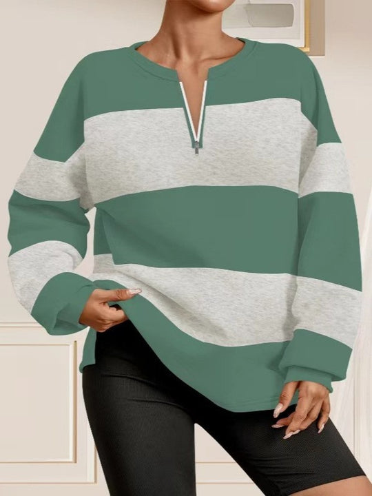 Damen Langarm Sweatshirt mit modernem Reißverschluss und gestreiftem Design EB