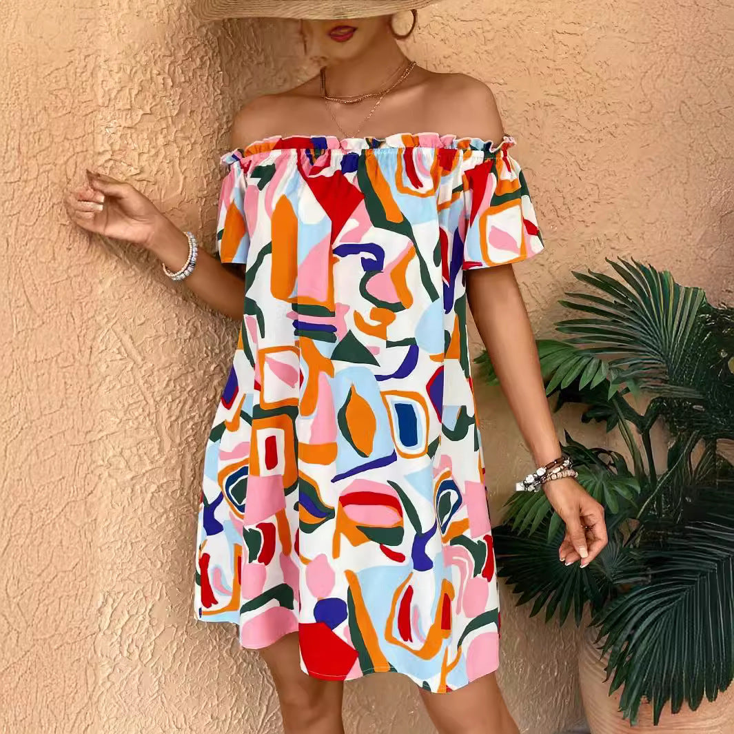 Damen Minikleid mit schulterfreiem Design und lebhaftem Farbprint EB