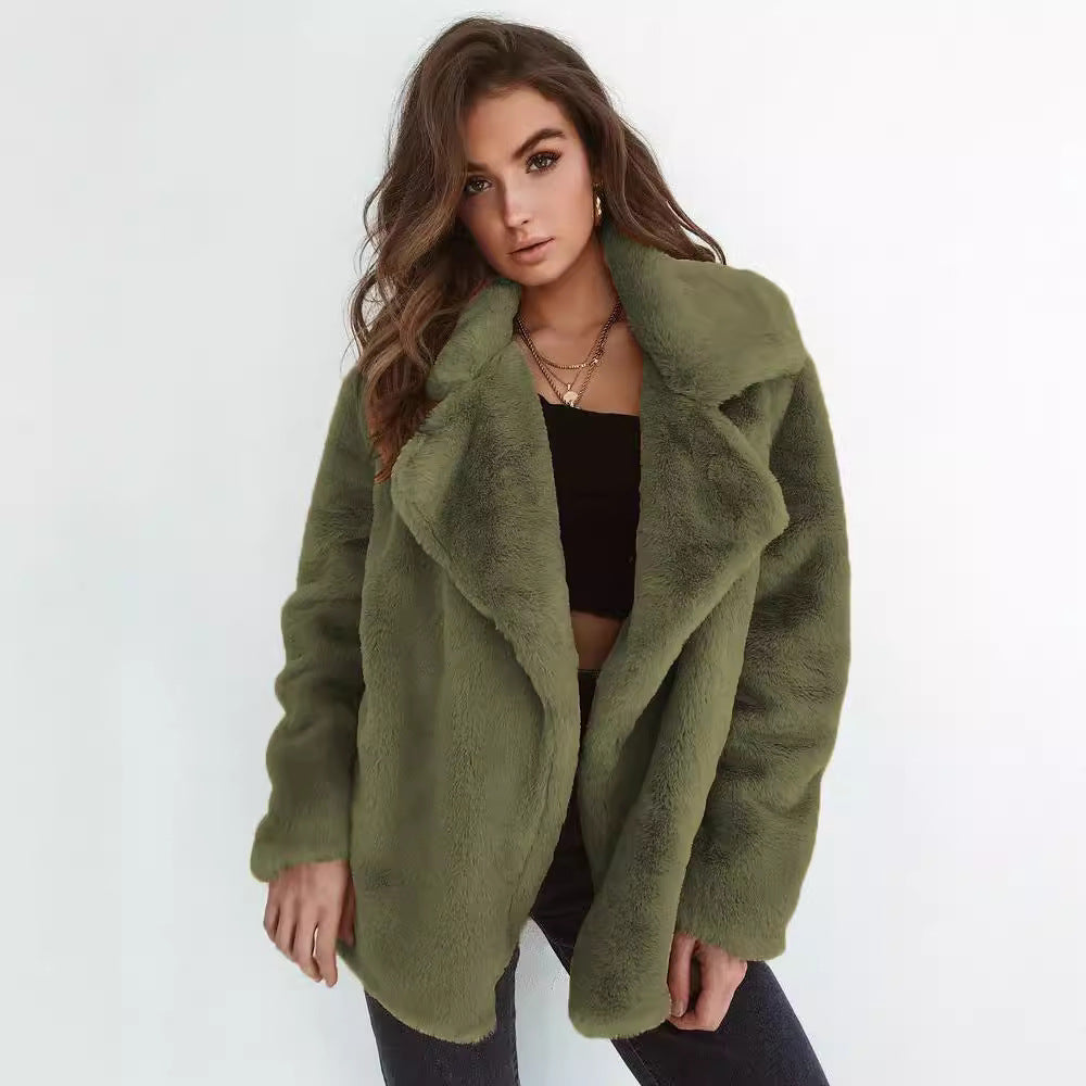 Damen Fleece-Mantel mit weitem Kragen und modischem Schnitt EB