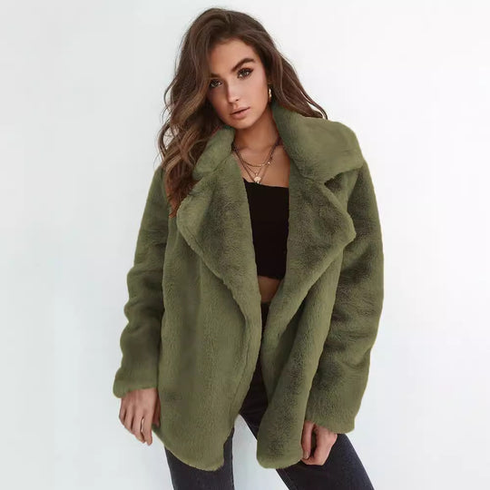 Damen Fleece-Mantel mit weitem Kragen und modischem Schnitt EB