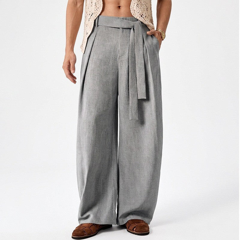 Herren nan weit geschnittene Leinenhose mit hoher Taille und Bindegürtel EB