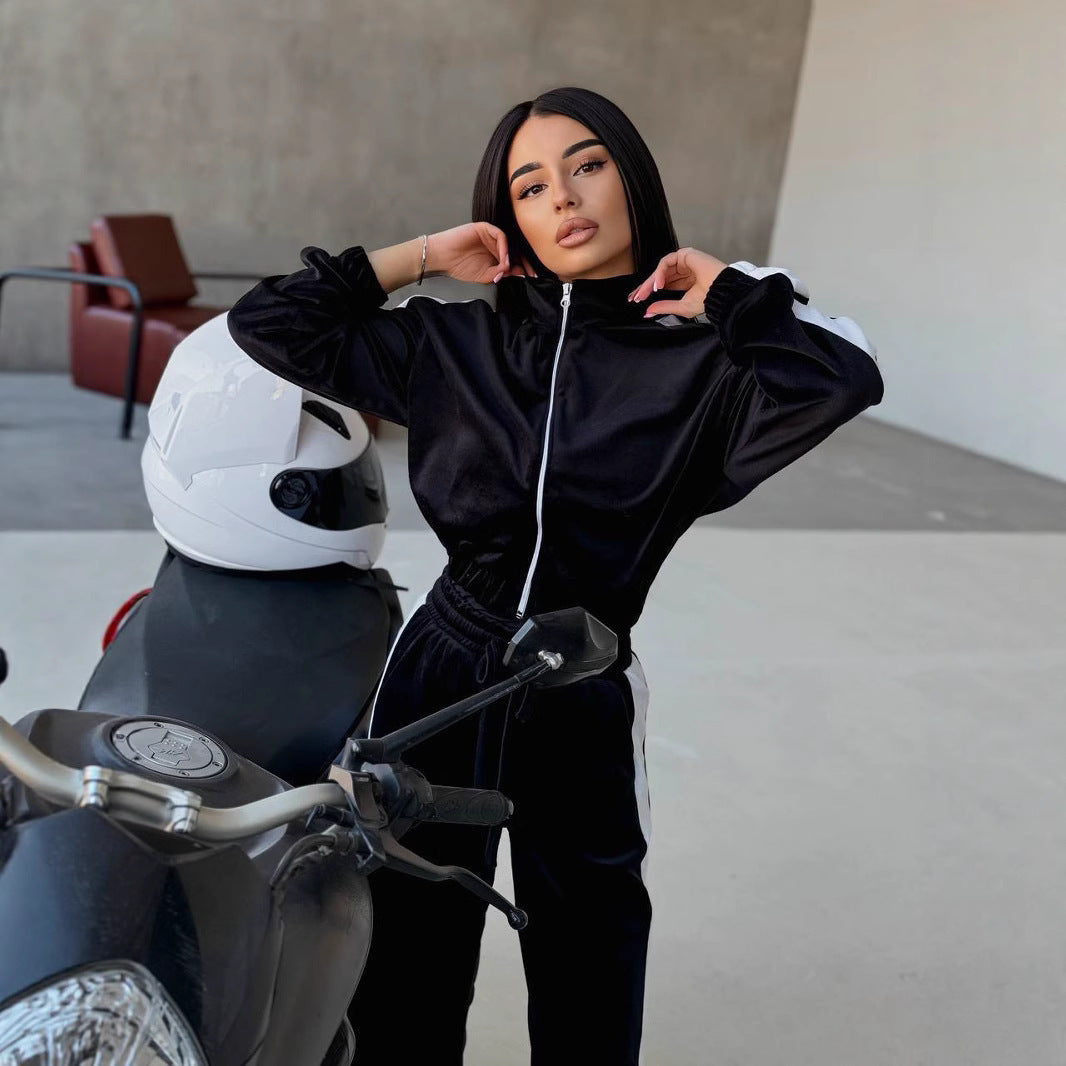 Damen weiches Samt Trainingsanzug Set mit Reißverschlussjacke und elastischer Tunnelzughose EB