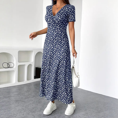 Damen nan tailliertes V-Ausschnitt Wickeloptik Maxikleid aus Viskosejersey mit kurzen Ärmeln und A-Linien-Saum EB