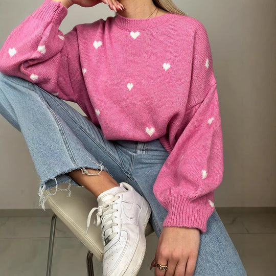 Damen nan oversized Strickpullover mit Herzintarsien und Ballonärmeln EB