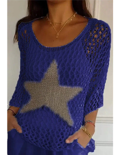 Damen nan oversized gehäkelter Pullover mit Sternapplikation und 3/4-Ärmeln EB