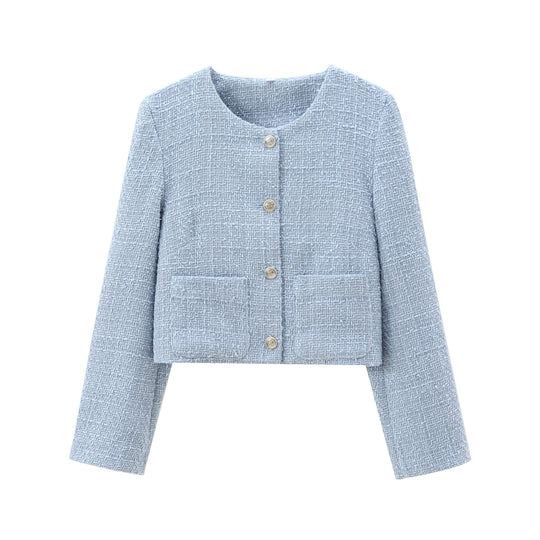 Damen elegante Kurzjacke im strukturierten Tweed-Stil mit praktischen Taschen EB