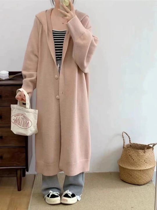 Damen Langer Strickcardigan mit Kapuze und praktischen Knöpfen EB
