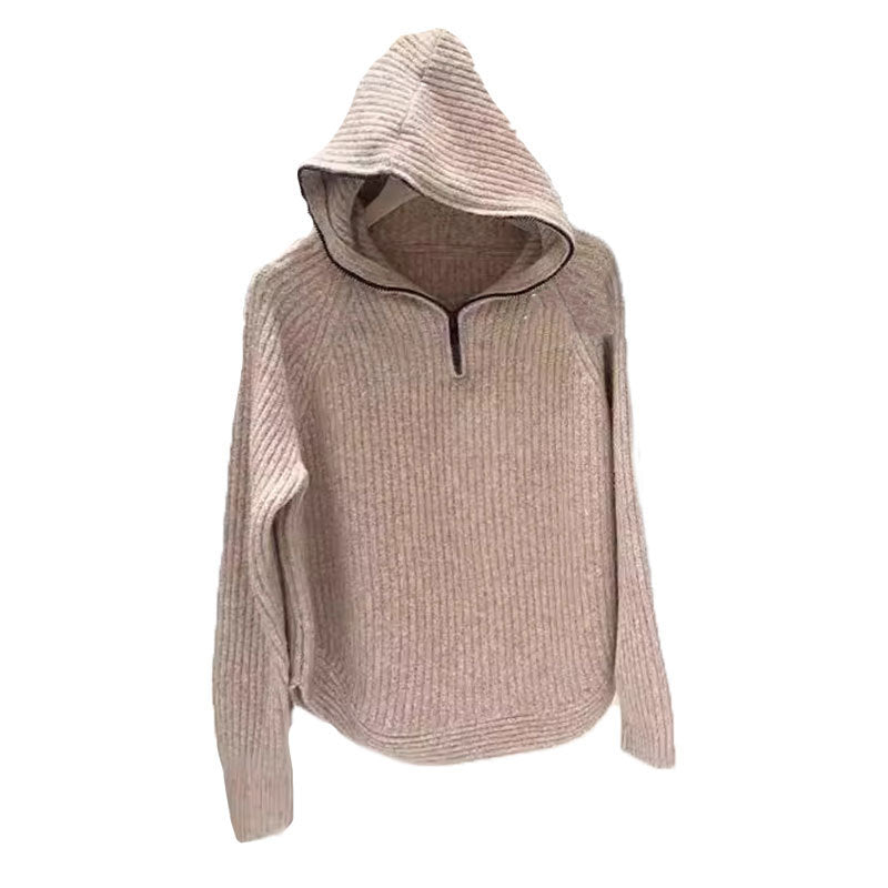 Damen lässiger Strickpullover mit hochgezogenem Kragen und Reißverschluss EB