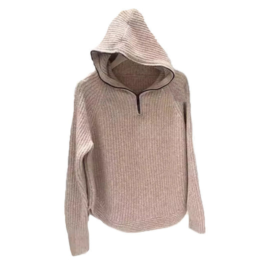 Damen lässiger Strickpullover mit hochgezogenem Kragen und Reißverschluss EB