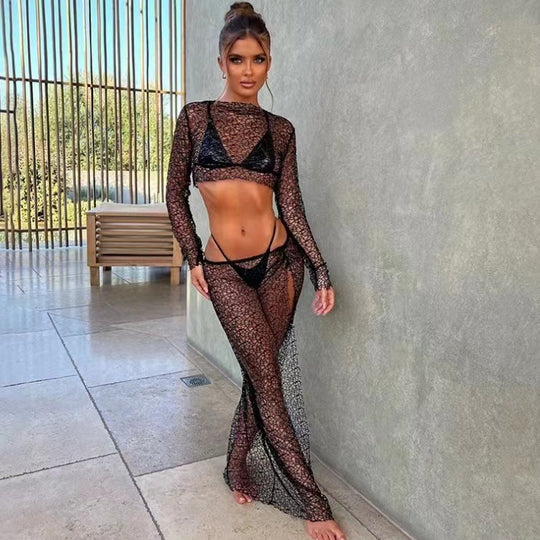 Damen Transparenter Strandbody mit langem Arm EB