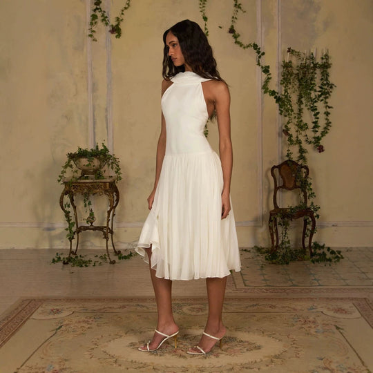 Damen Elegantes Midikleid mit schulterfreiem Design und fließendem Rock EB