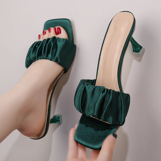 Damen Elegante Slingback Sandalen mit gerafftem Satin-Obermaterial und transparenter Absatz EB