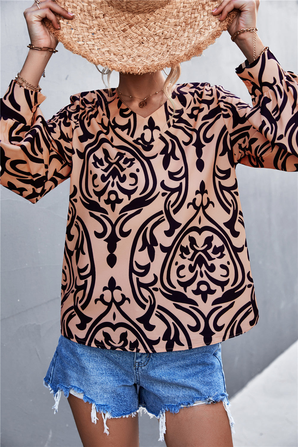 Damen Bluse mit elegantem Barockmuster und lässigen Puffärmeln EB