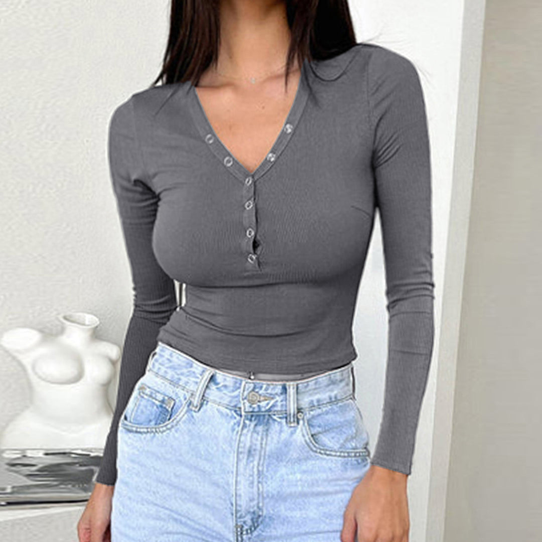 Damen nan tailliertes Ripp-Langarmshirt mit dekorativer Knopfleiste und Metallösen EB