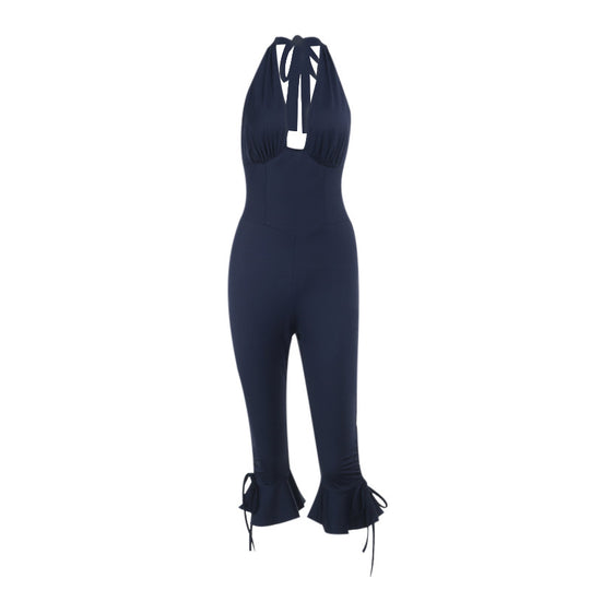Damen Eleganter Jumpsuit mit hochgeschlossenem Design und Rüschendetails EB