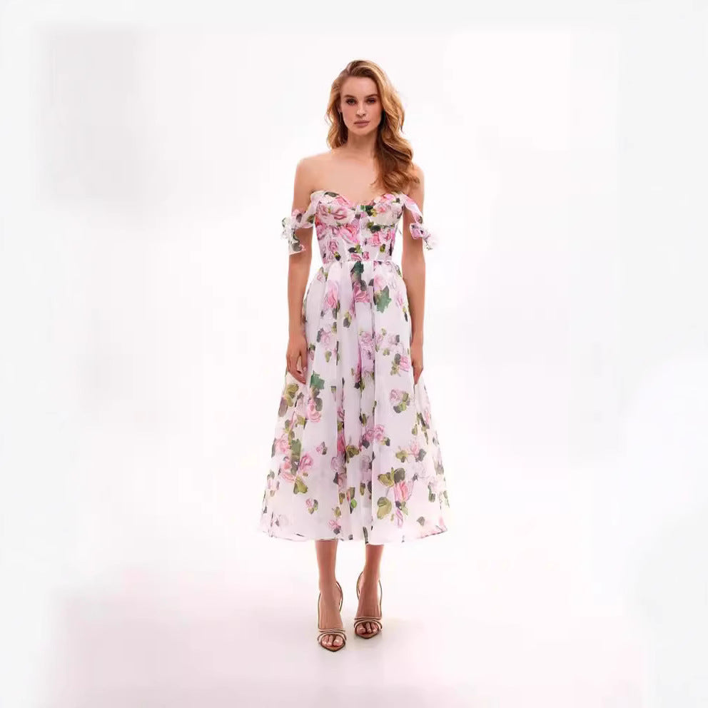 Damen Blumenkleid mit schulterfreiem Design EB