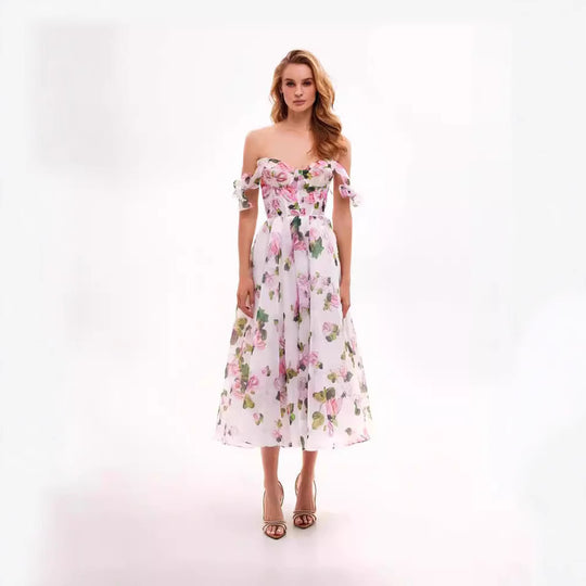 Damen Blumenkleid mit schulterfreiem Design EB