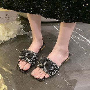 Damen elegante Slides mit glamouröser Schleifenverzierung EB