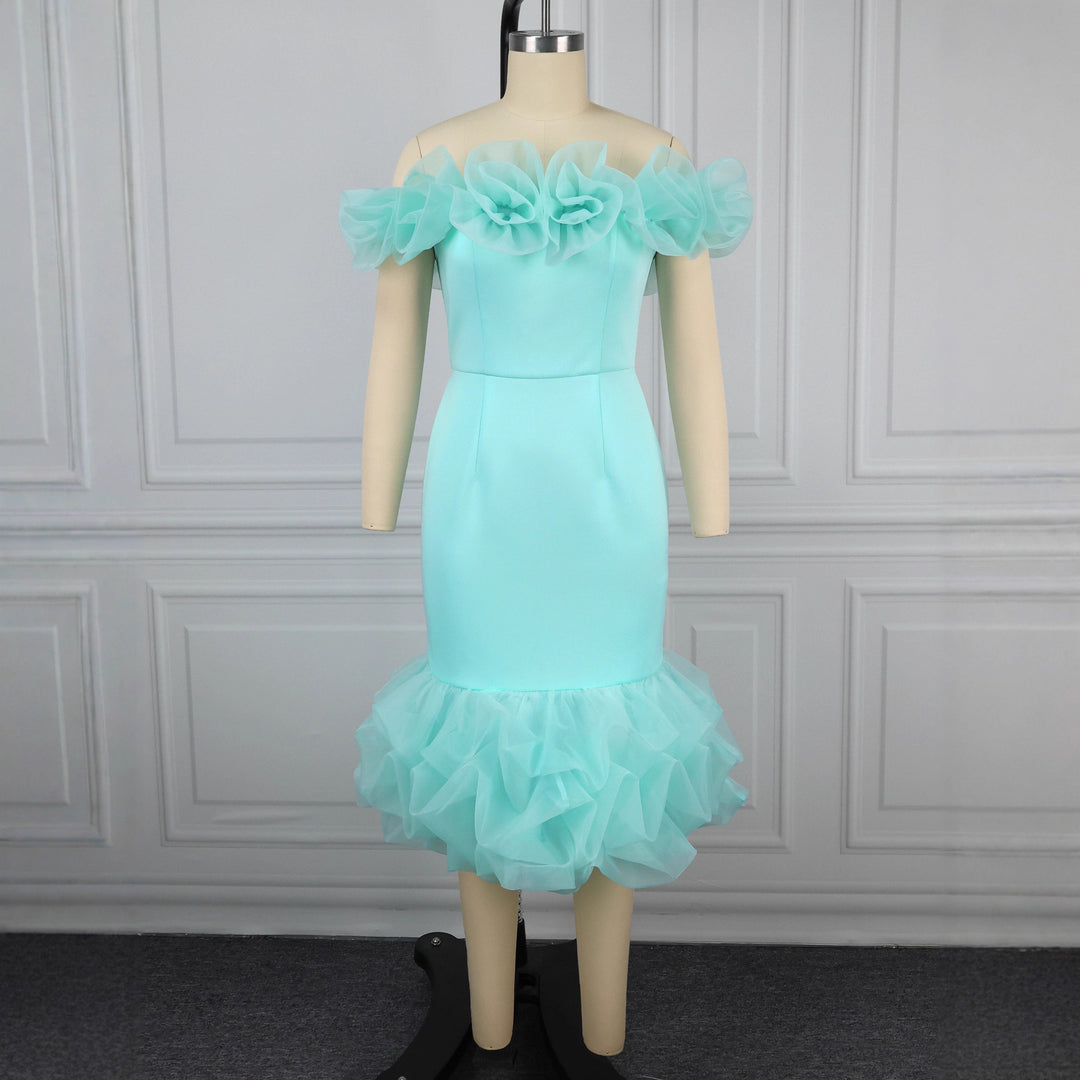 Damen Figurbetontes Kleid mit Rüschenärmel und voluminösem Saum EB