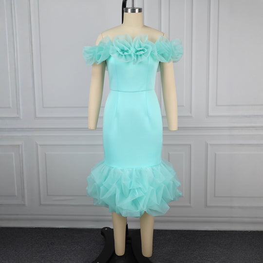 Damen Figurbetontes Kleid mit Rüschenärmel und voluminösem Saum EB