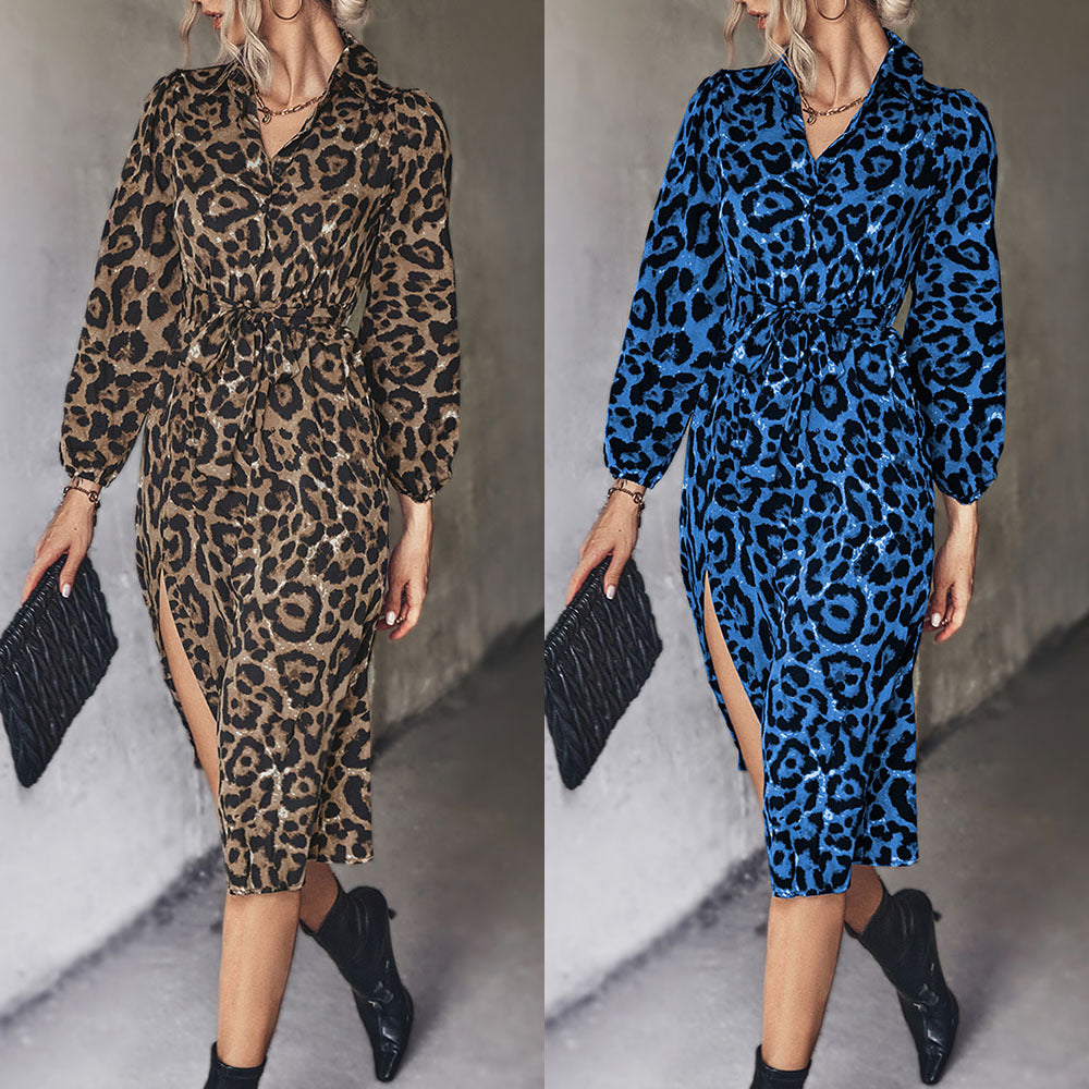 Damen Midi-Kleid mit modernem Leopardenmuster und elegantem Schlitz EB