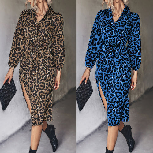 Damen Midi-Kleid mit modernem Leopardenmuster und elegantem Schlitz EB