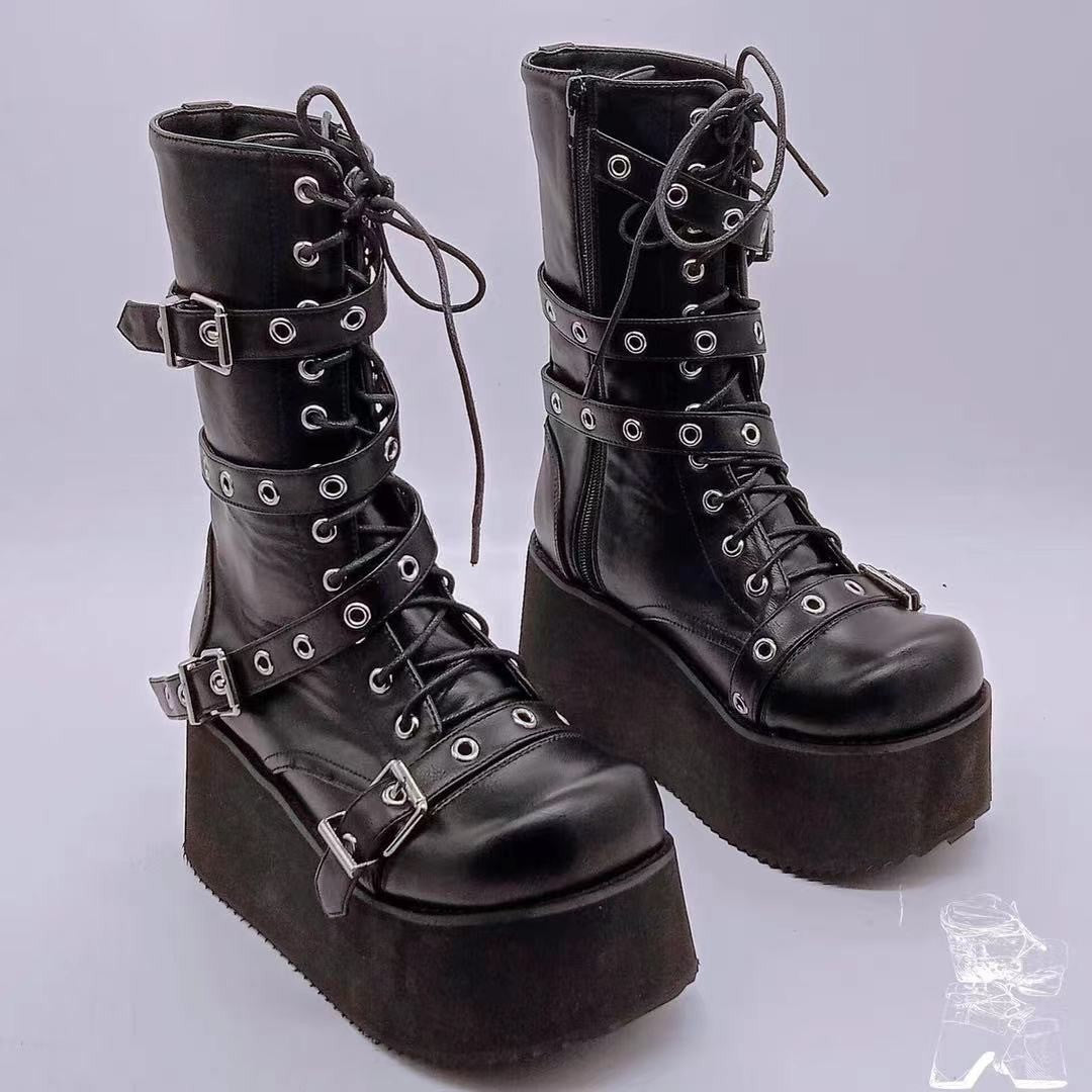 Damen plateau Combatstiefel mit Schnallen Ösen Schnürung und seitlichem Reißverschluss EB