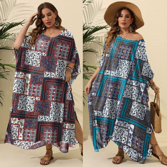 Damen luftiges Maxikleid mit farbenfrohem Patchwork-Design EB