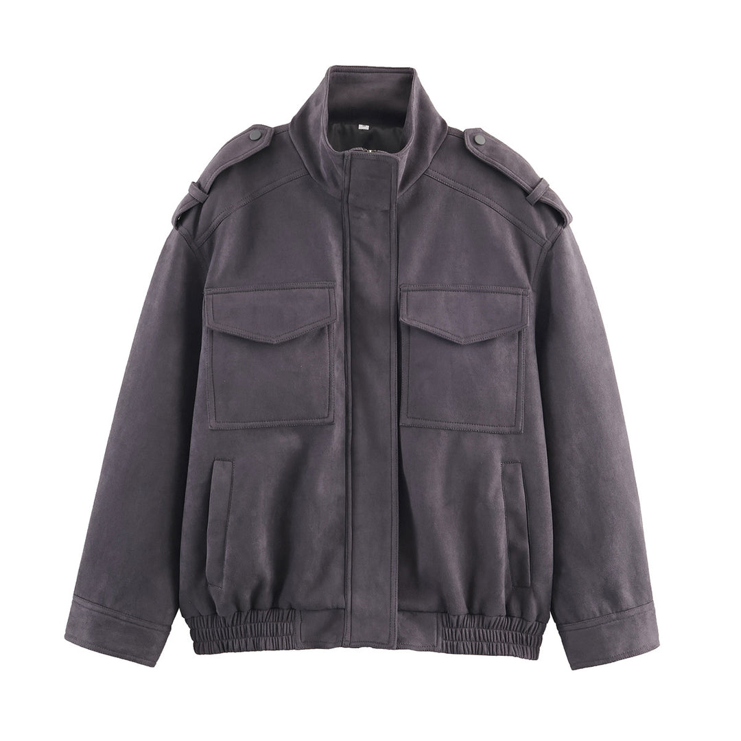 Damen modische Utility-Jacke mit hohem Kragen und praktischen Taschen EB