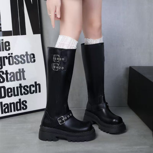 Damen Hochwertige Overknee-Stiefel mit trendigen Schnallen und robustem Sohlenprofil EB
