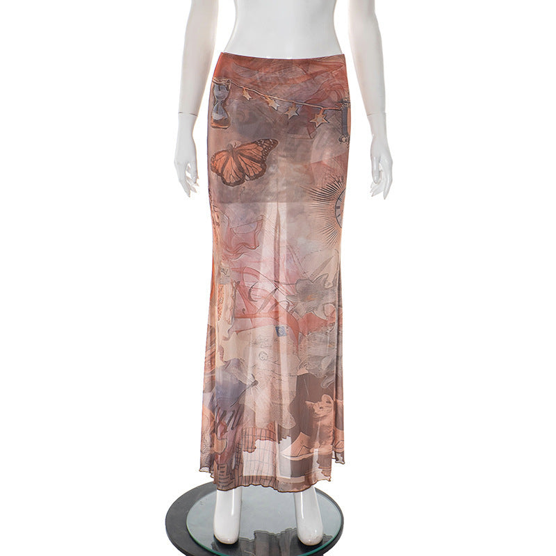 Damen Eleganter, transparenter Maxirock mit künstlerischem Druck und fließendem Schnitt EB