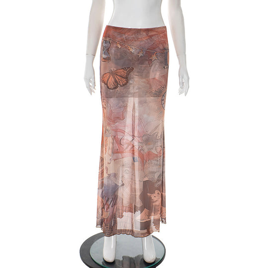 Damen Eleganter, transparenter Maxirock mit künstlerischem Druck und fließendem Schnitt EB
