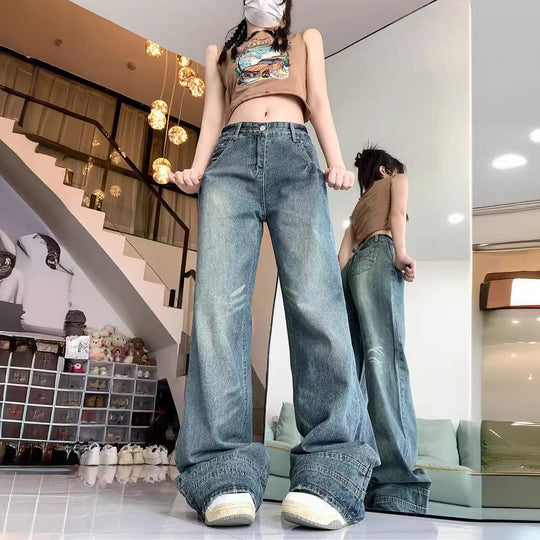 Damen Weite High-Waist Jeans im lässigen Urban-Style und modischen Details EB