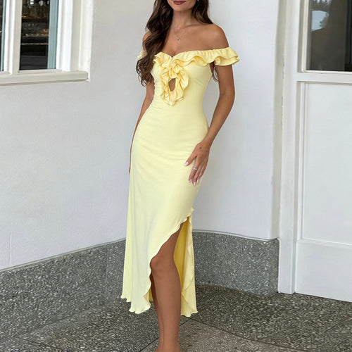 Damen Off-Shoulder Maxikleid mit raffinierten Rüschendetails EB