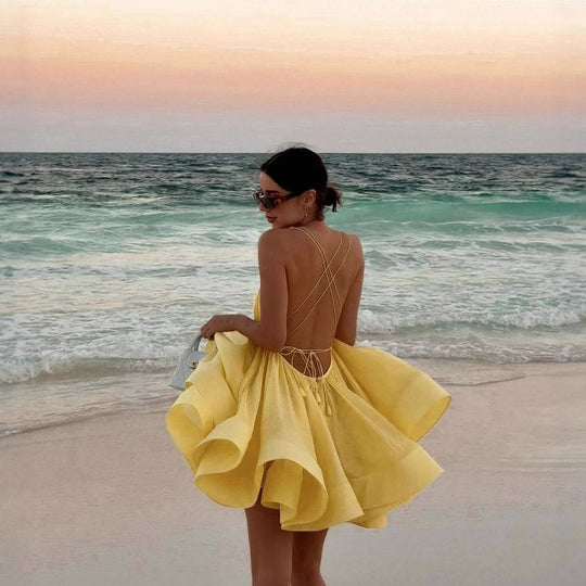 Damen Sommerliches Chiffonkleid mit verstellbaren Trägern und voluminösem Rock EB