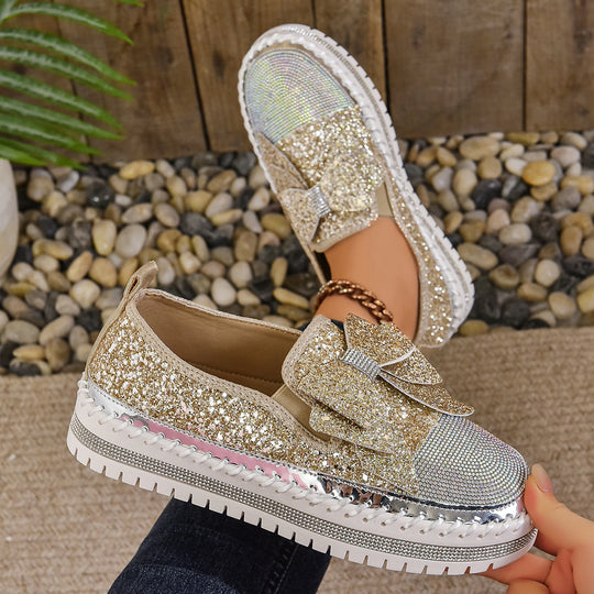 Damen Glitzernde Slip-On Sneakers mit funkelndem Schleifendesign und rutschfester Sohle EB