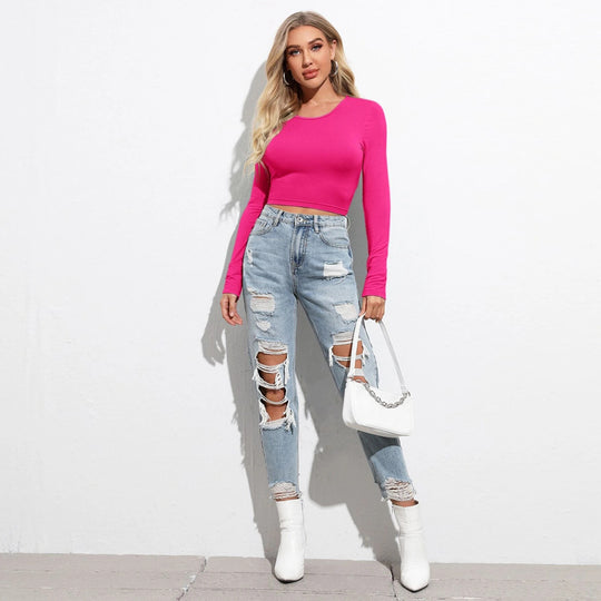 Damen figurbetontes Cropped-Longsleeve mit Sculpting-Passform und Rundhalsausschnitt Eichborn Berlin