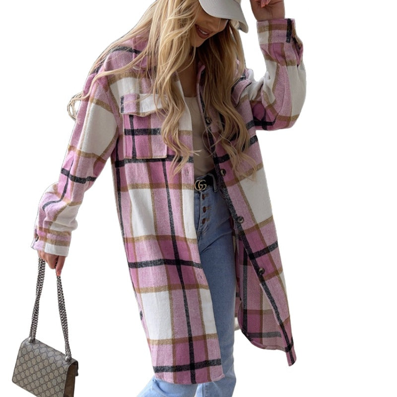 Damen Kariertes Overshirt mit knöpfbarem Design und aufgesetzten Taschen EB