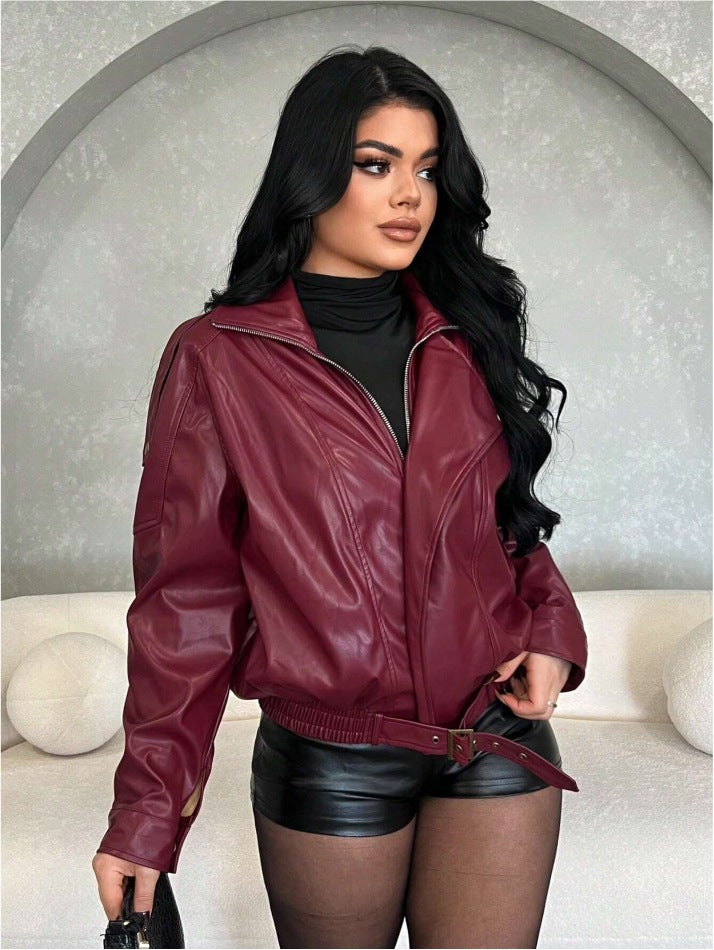 Damen Kunstlederjacke mit figurbetontem Schnitt und dekorativem Gürtel EB