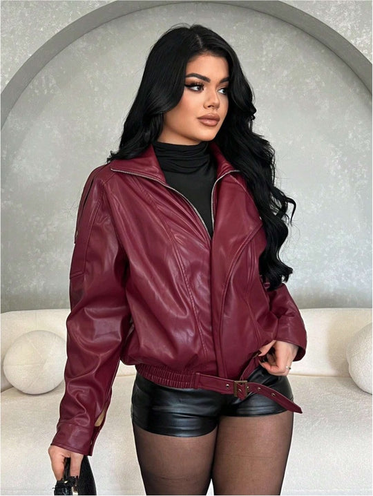 Damen Kunstlederjacke mit figurbetontem Schnitt und dekorativem Gürtel EB